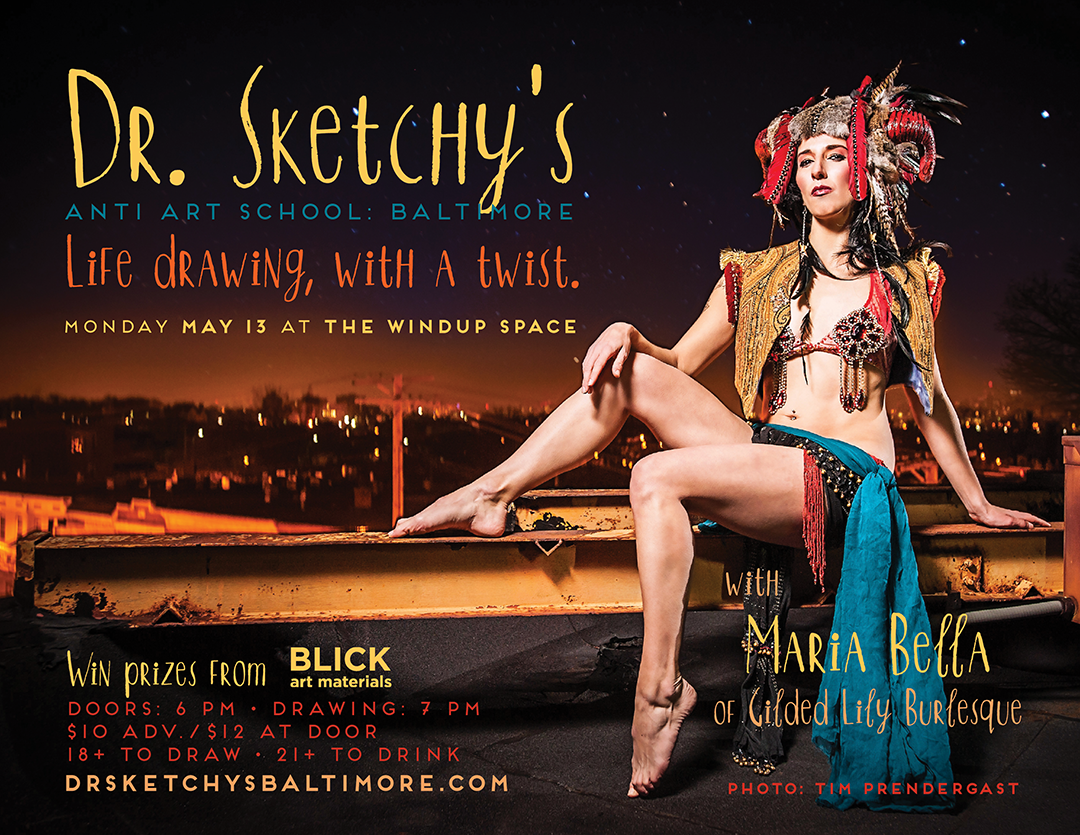 flyer for Dr. Sketchy's Baltimore featuring Maria Bella